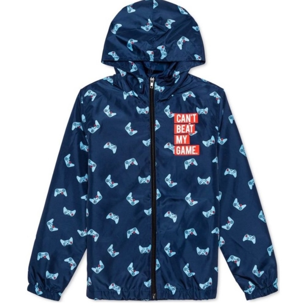 JEM Navy “Can't Beat My Game” Controller Graphic Hooded Windbreaker Jack…